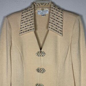 St. John Evening 3-Piece Butter Cream Knit Suit Pearl Crystal Jacket Suit, sz 6